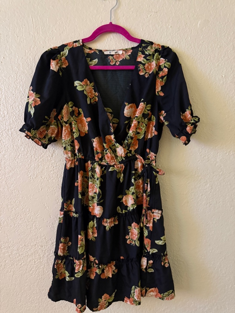 Blush Black Mini Dress with Peach Floral Print